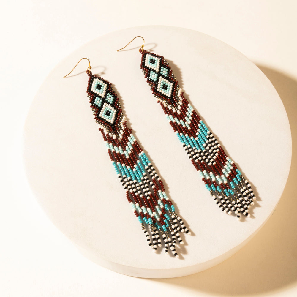 Myra High Ranger Beaded Fringe Earrings in Saddle Blue