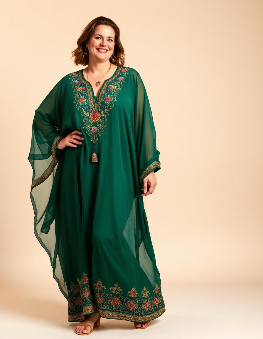 Emerald Chiffon Kaftan with Persian paisley beadwork