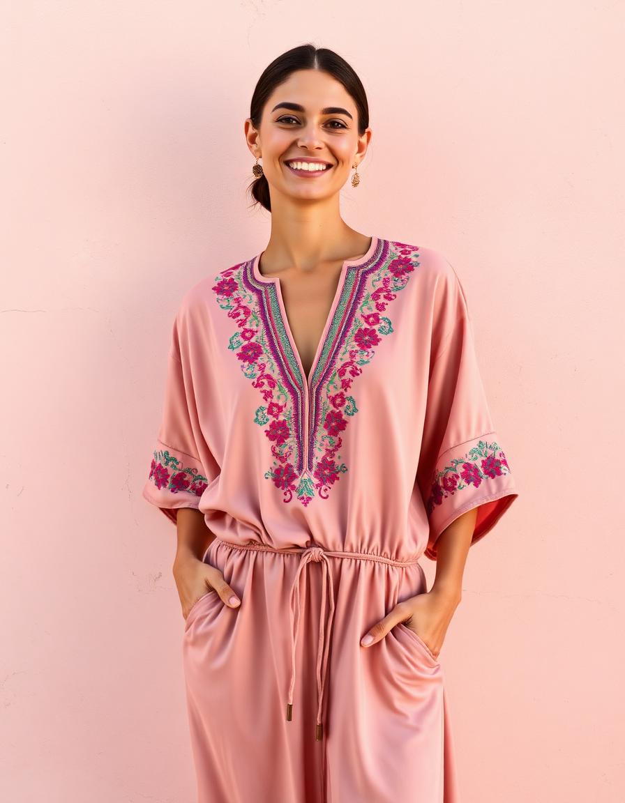 Rose Satin Kaftan tailored cut