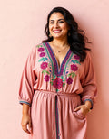 Rose Satin Kaftan with Levantine tatreez embroidery