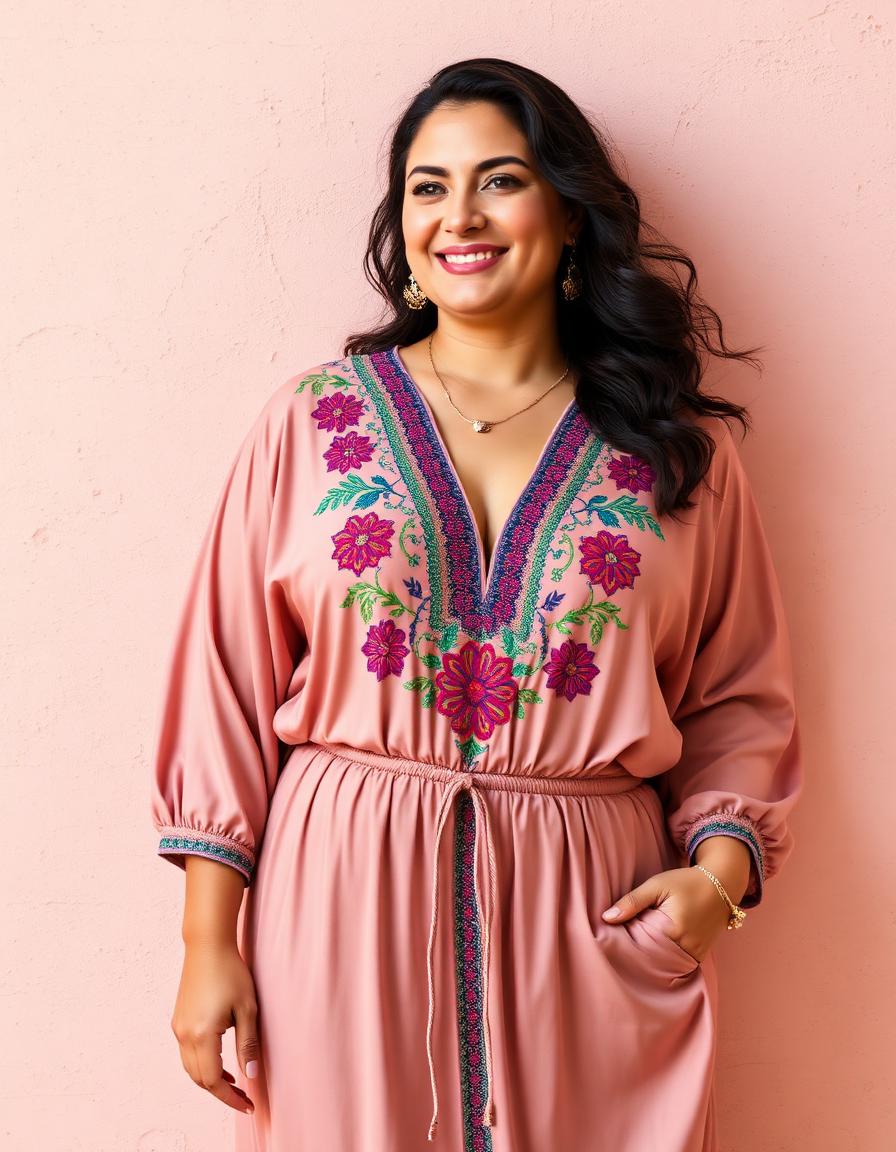 Rose Satin Kaftan with Levantine tatreez embroidery
