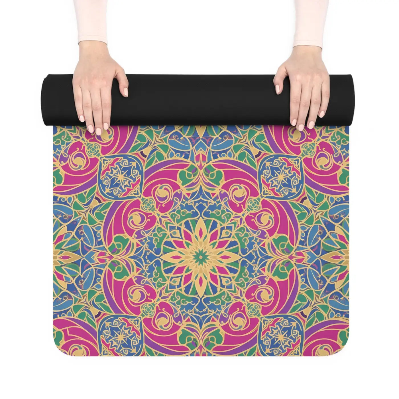 Vibrant Floral Rubber Yoga Mat - Pink Teal Mandala - Dipaliz