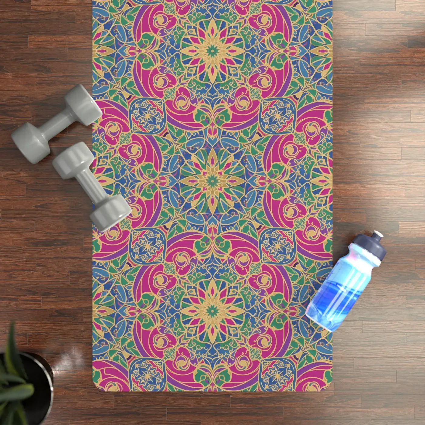 Vibrant Floral Rubber Yoga Mat - Pink Teal Mandala - Dipaliz